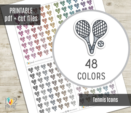 Tennis Racket Mini Icons – Functional Printable Stickers in 48 Colors – PDF & Cut Files