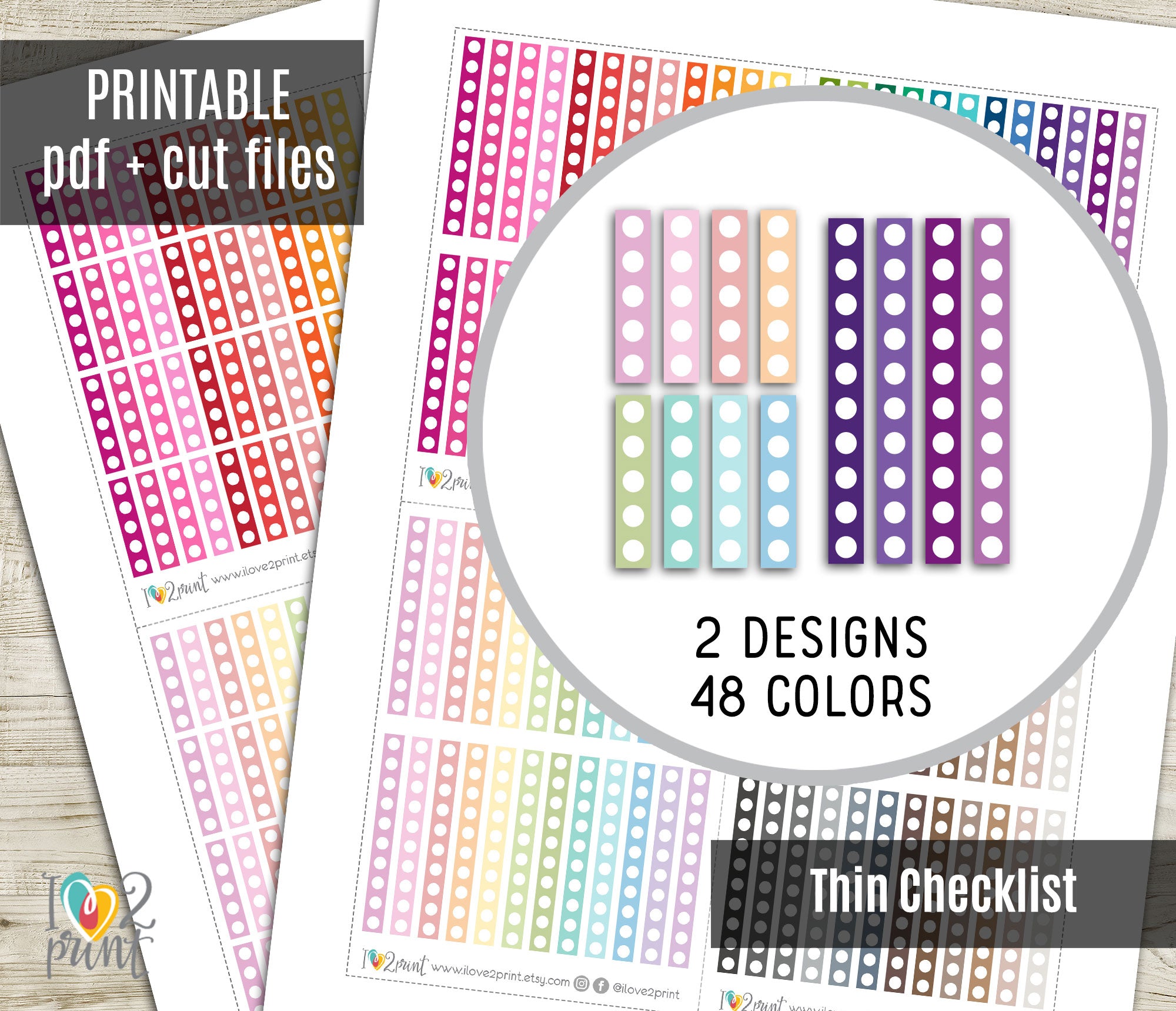Thin Checklist Color Printable Planner Stickers - PDF & Cut Files ...