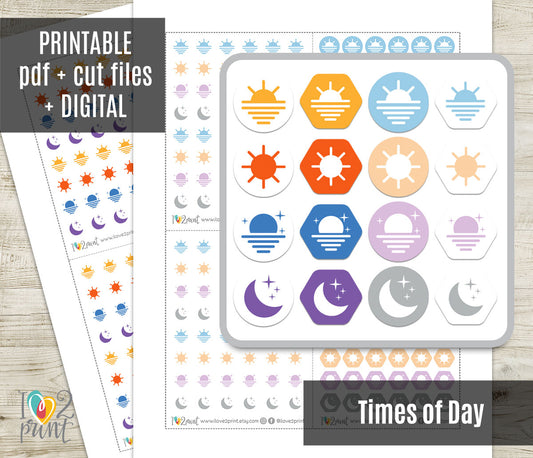 Times of Day Printable Planner Stickers | Morning Noon Evening Night Icons | 8 Colors | 4 Variations