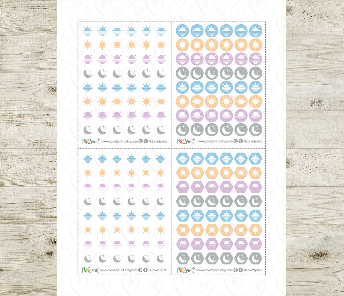 Times of Day Printable Planner Stickers | Morning Noon Evening Night Icons | 8 Colors | 4 Variations