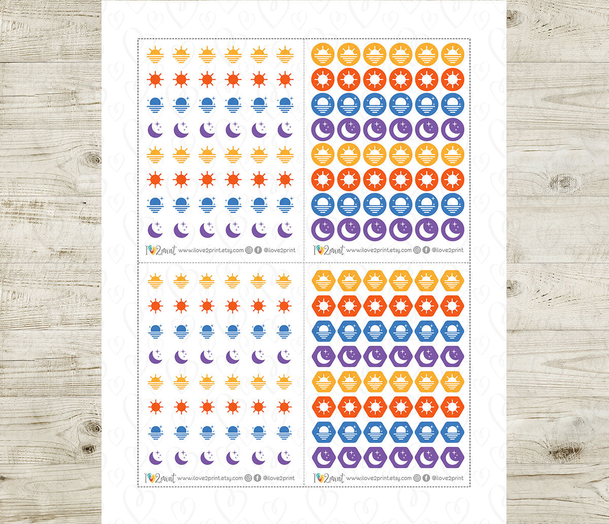 Times of Day Printable Planner Stickers | Morning Noon Evening Night Icons | 8 Colors | 4 Variations