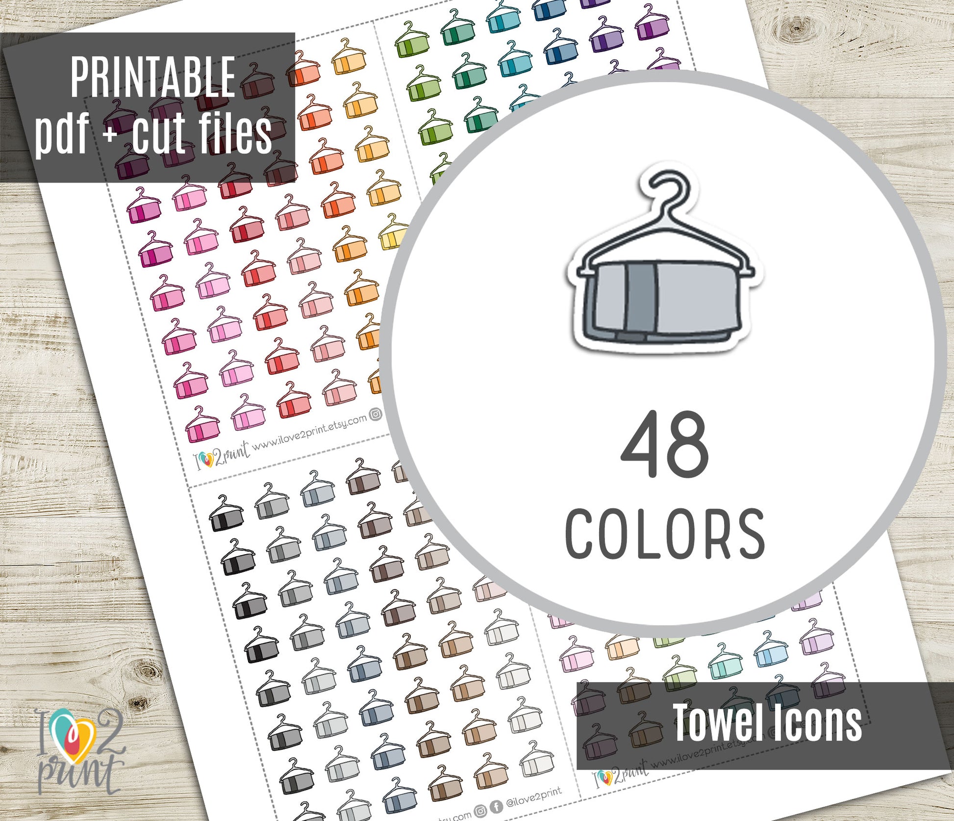 Sheet of towel icons with 48 colors on a wooden surface, featuring a circular inset showing a single icon.