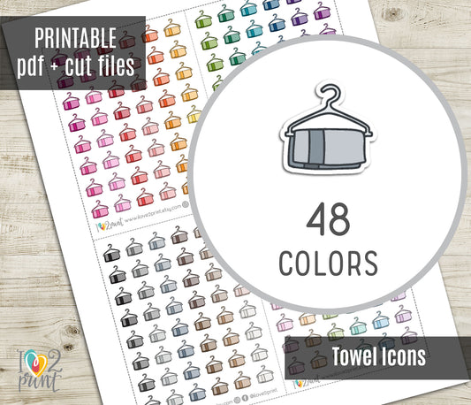Sheet of towel icons with 48 colors on a wooden surface, featuring a circular inset showing a single icon.