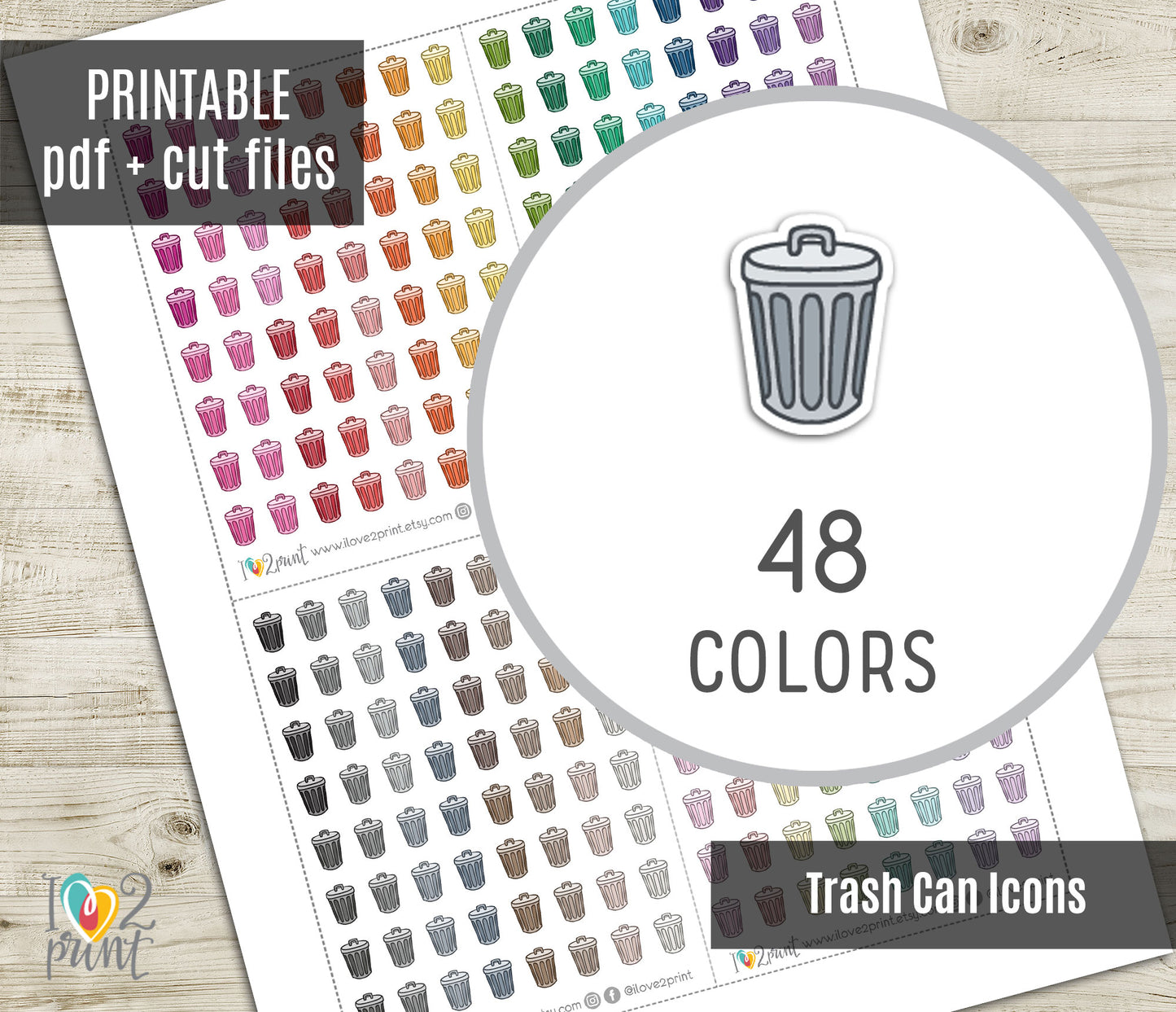 Trash bin Icon stickers in 48 colors on a white bakground