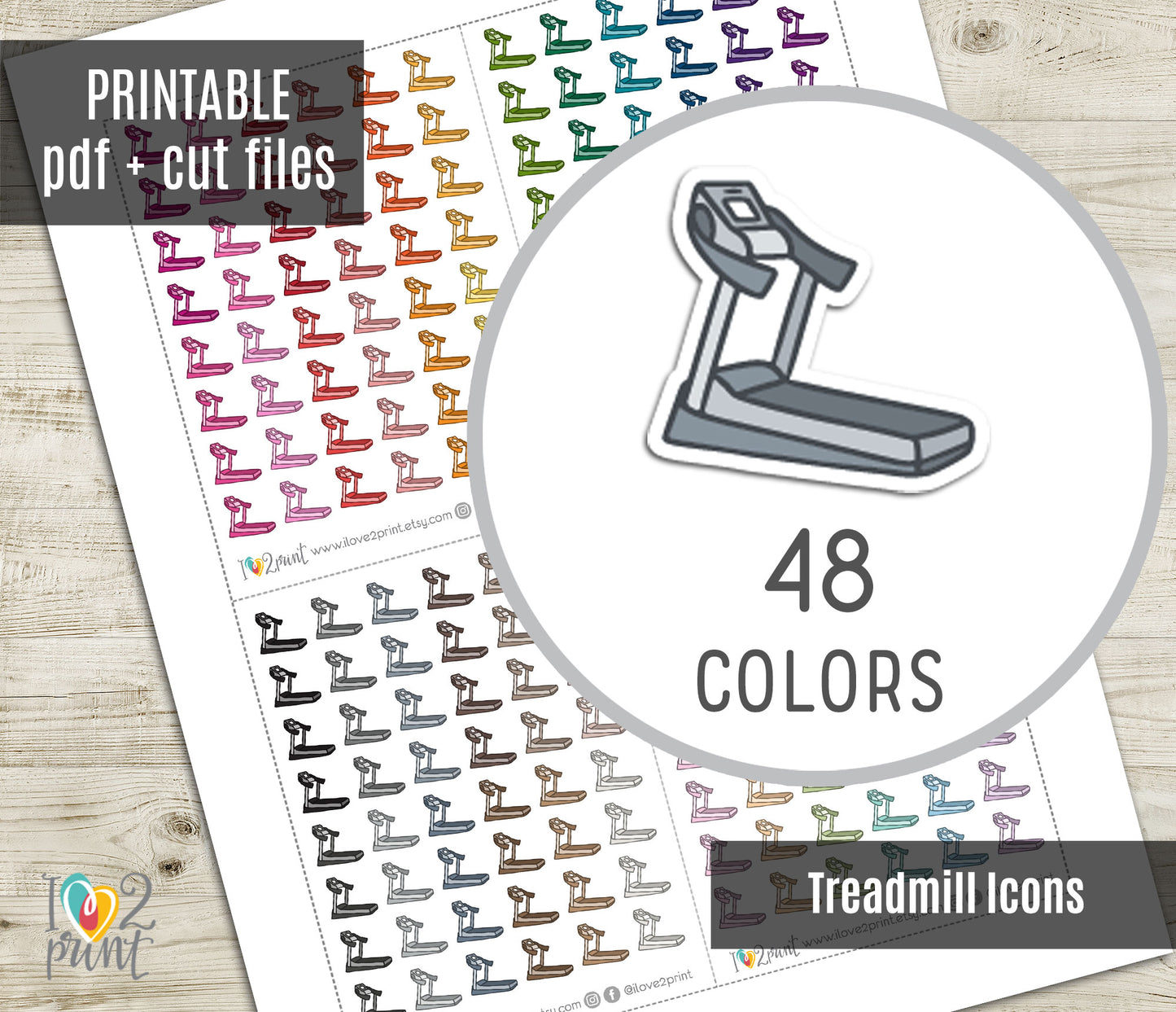 Sheet of treadmill icons in 48 colors with a circular inset showing a single icon.