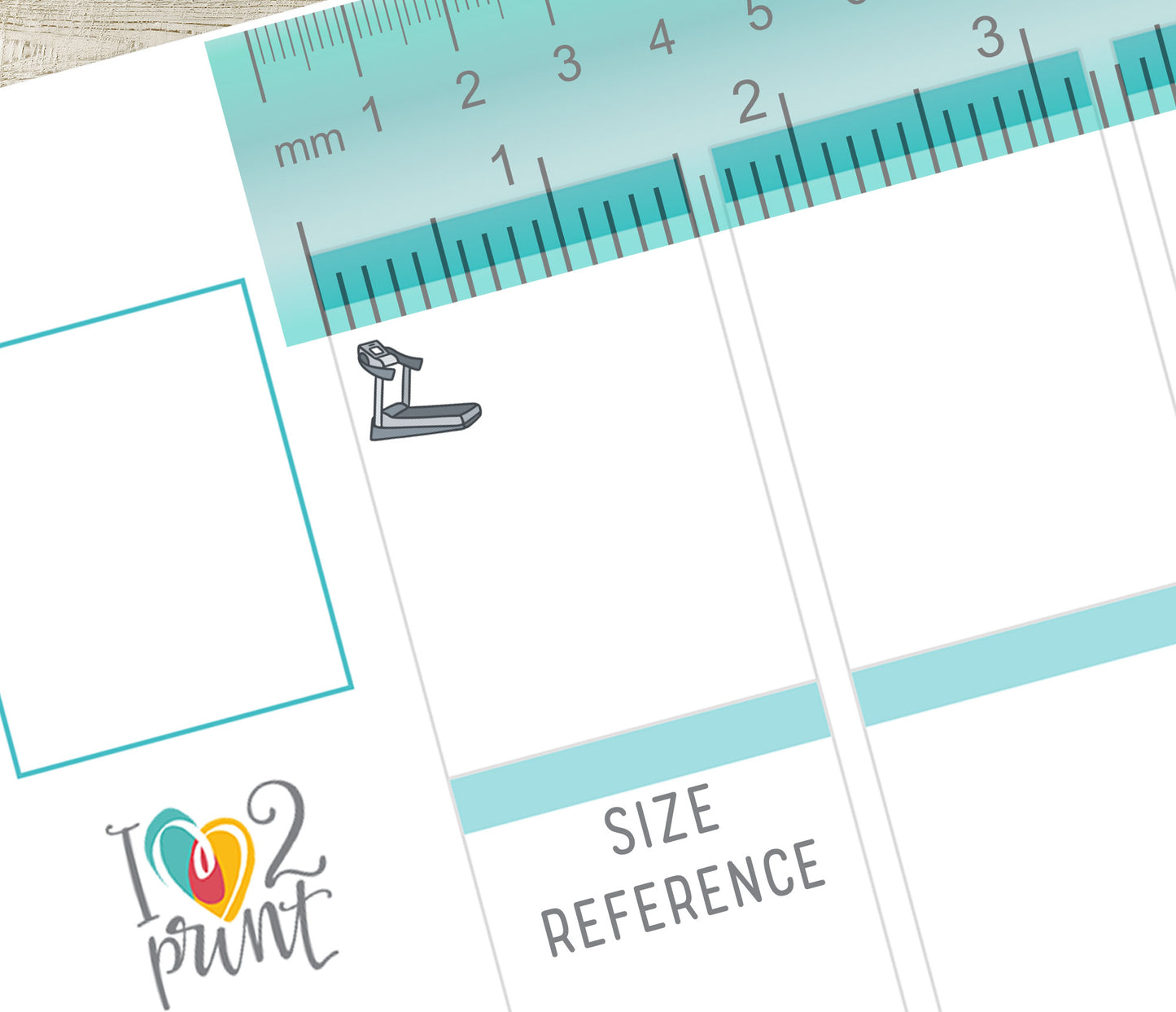 Measurement chart with treadmill sticker and size reference text on a Vertical planner page