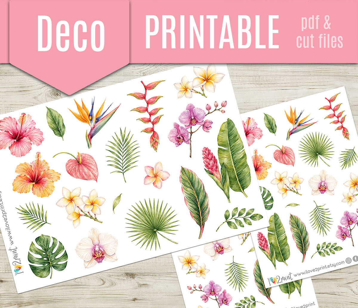 Tropical Flowers Decorative Printable Stickers | Exotic Farewell | PDF Cut Files | Instant Download