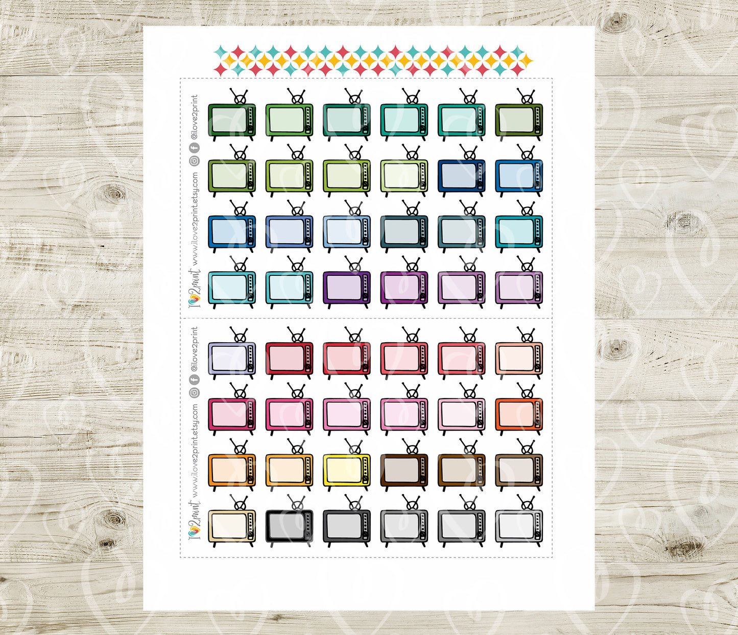 Vintage Tv Icons Stickers - Functional Printable Stickers - PDF & Cut Files