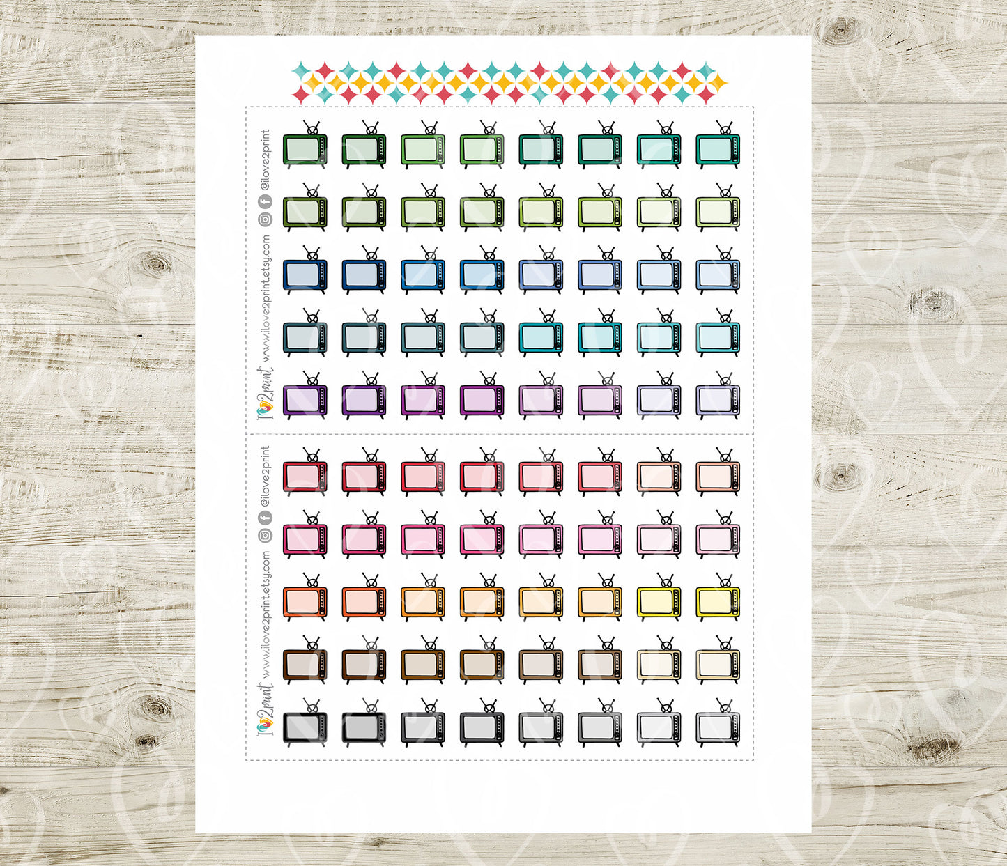 Vintage Tv Icons Stickers - Functional Printable Stickers - PDF & Cut Files