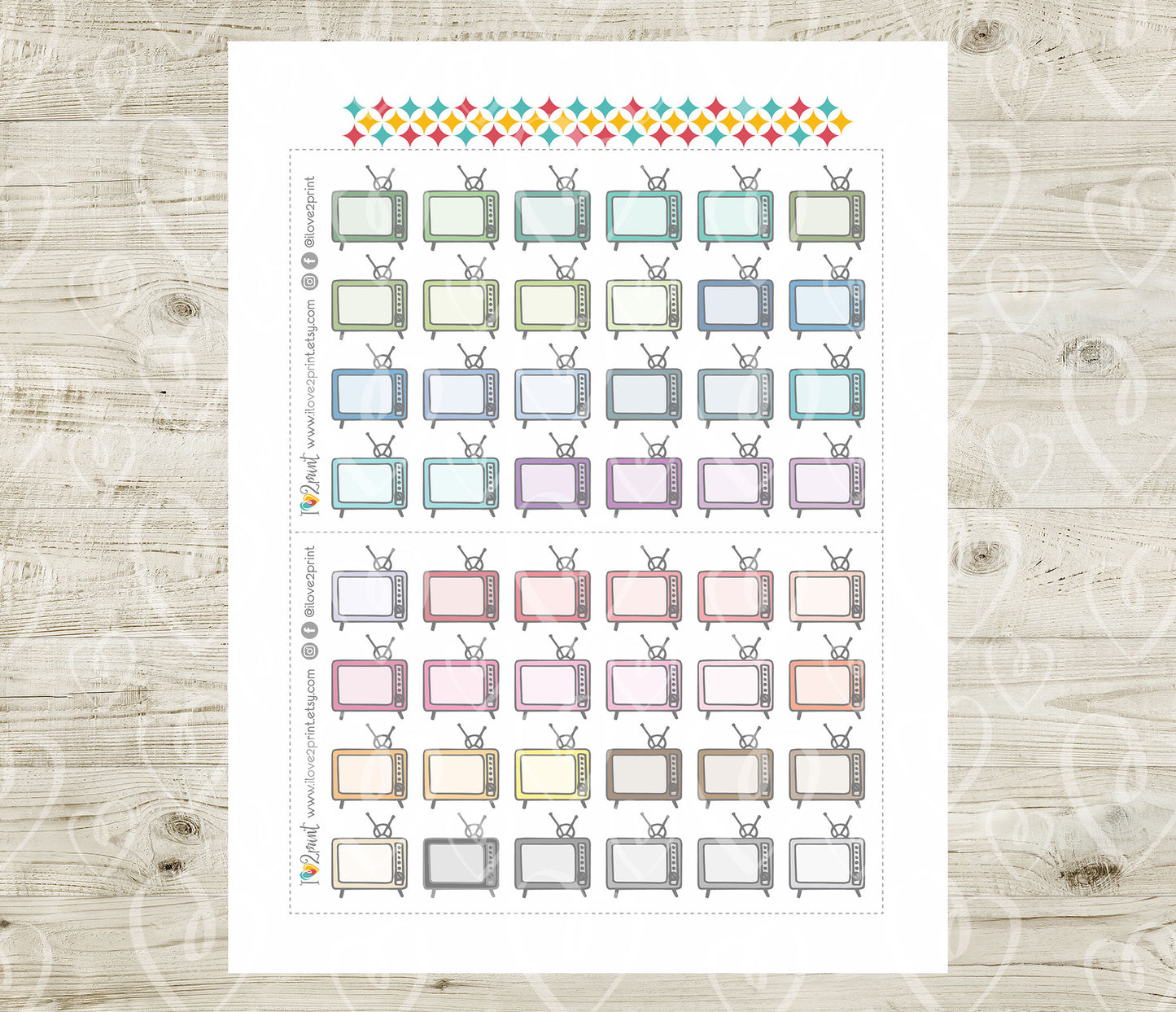 Vintage Tv Icons Stickers - Functional Printable Stickers - PDF & Cut Files
