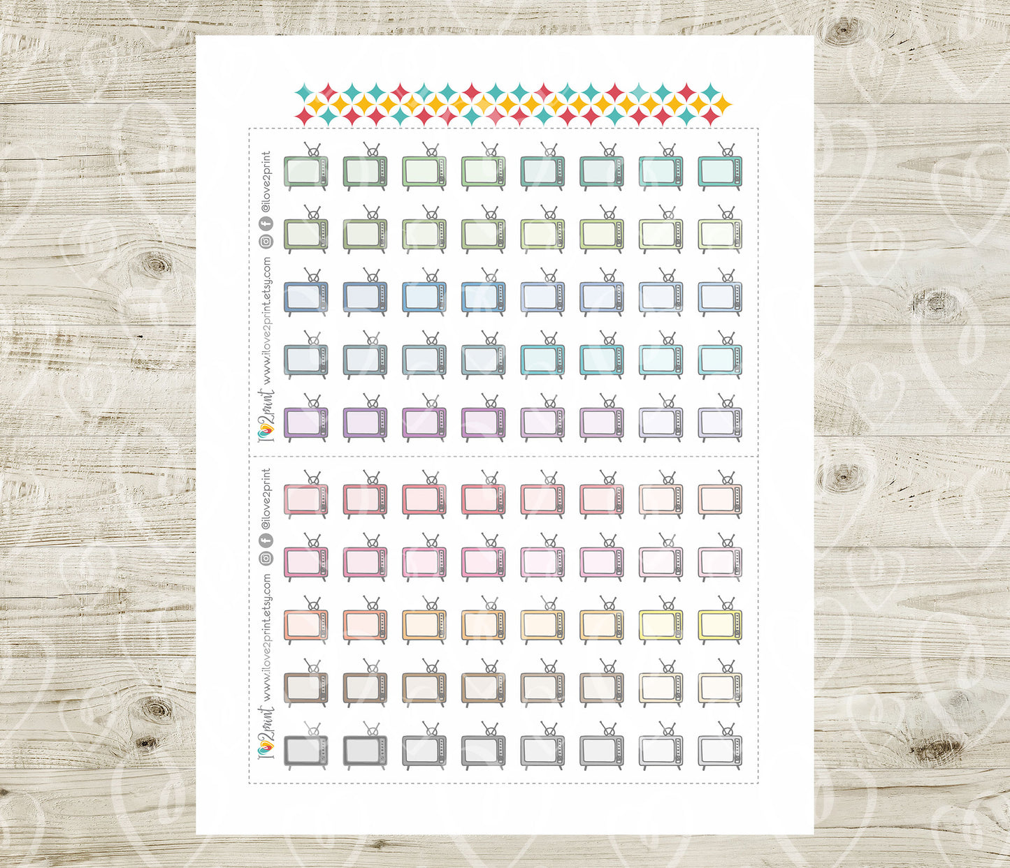 Vintage Tv Icons Stickers - Functional Printable Stickers - PDF & Cut Files
