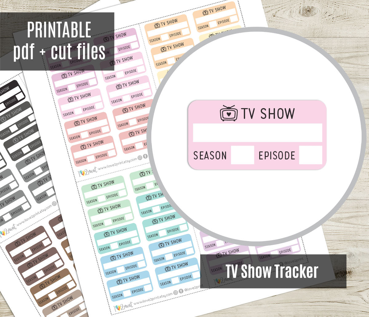 TV Show Tracker planner stickers with cut files on a wooden surface