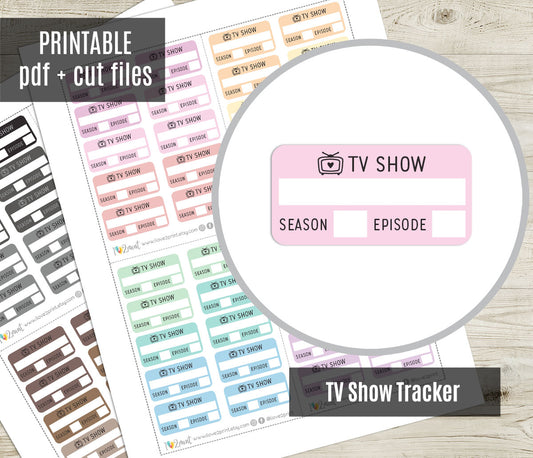 TV Show Tracker planner stickers with cut files on a wooden surface