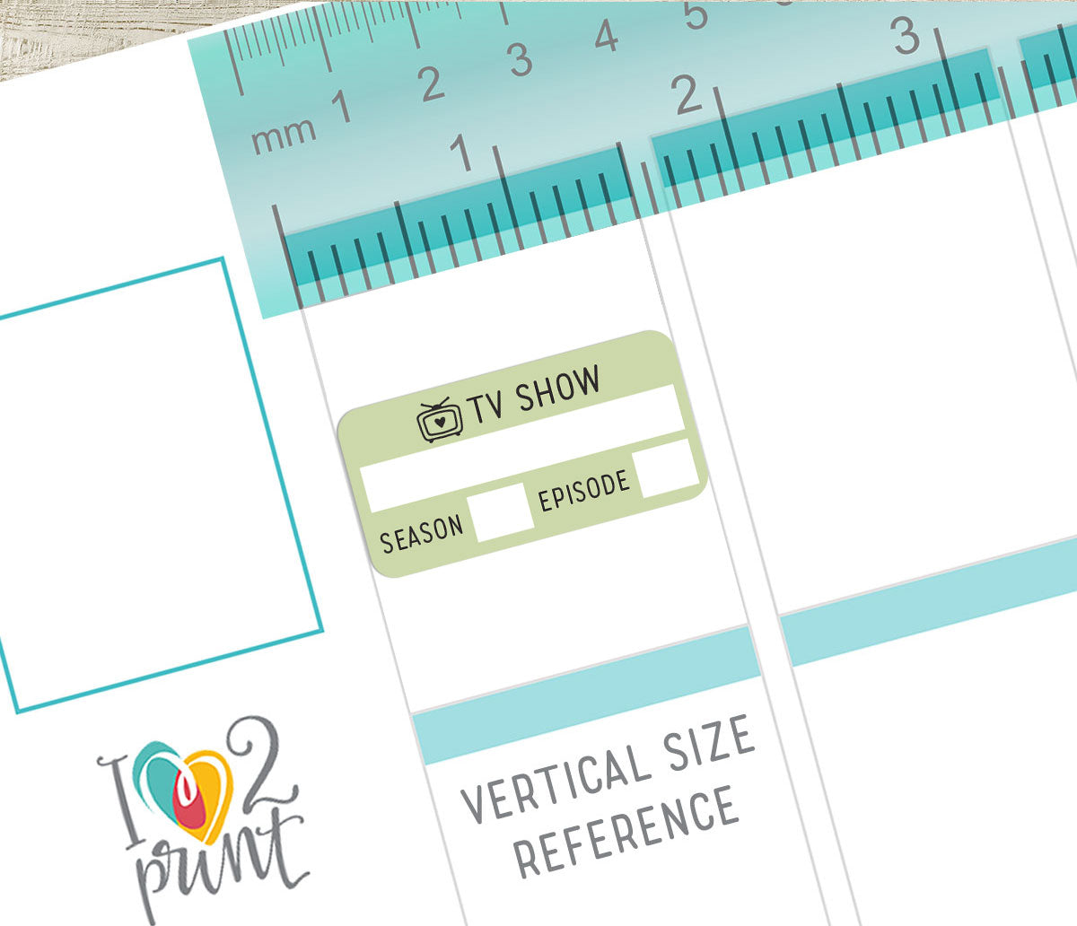 Sheet of planner stickers with TV show label design, ruler for vertical planner size reference