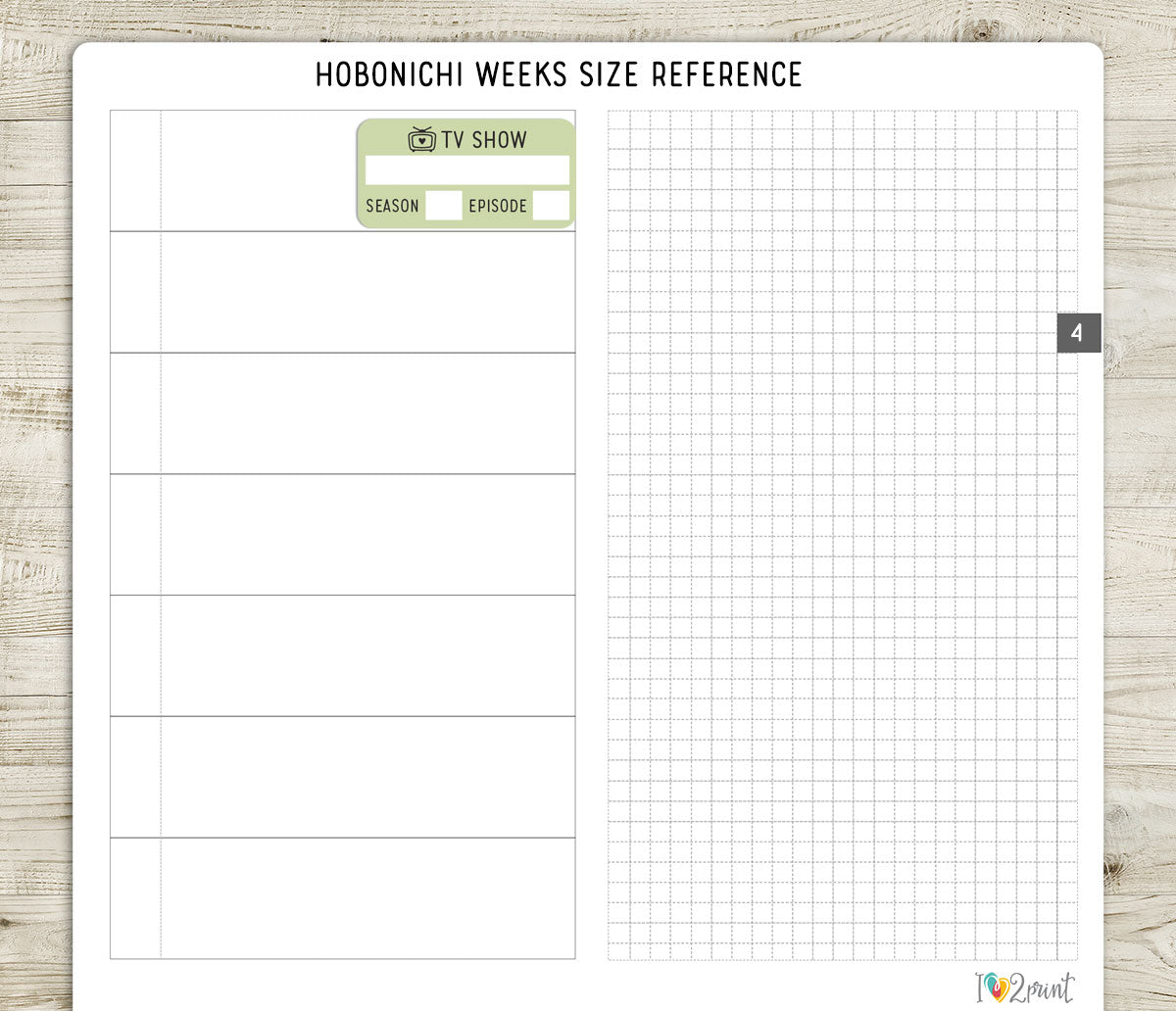 Hobonichi Weeks planner size reference sheet with a TV show sticker on a wooden surface