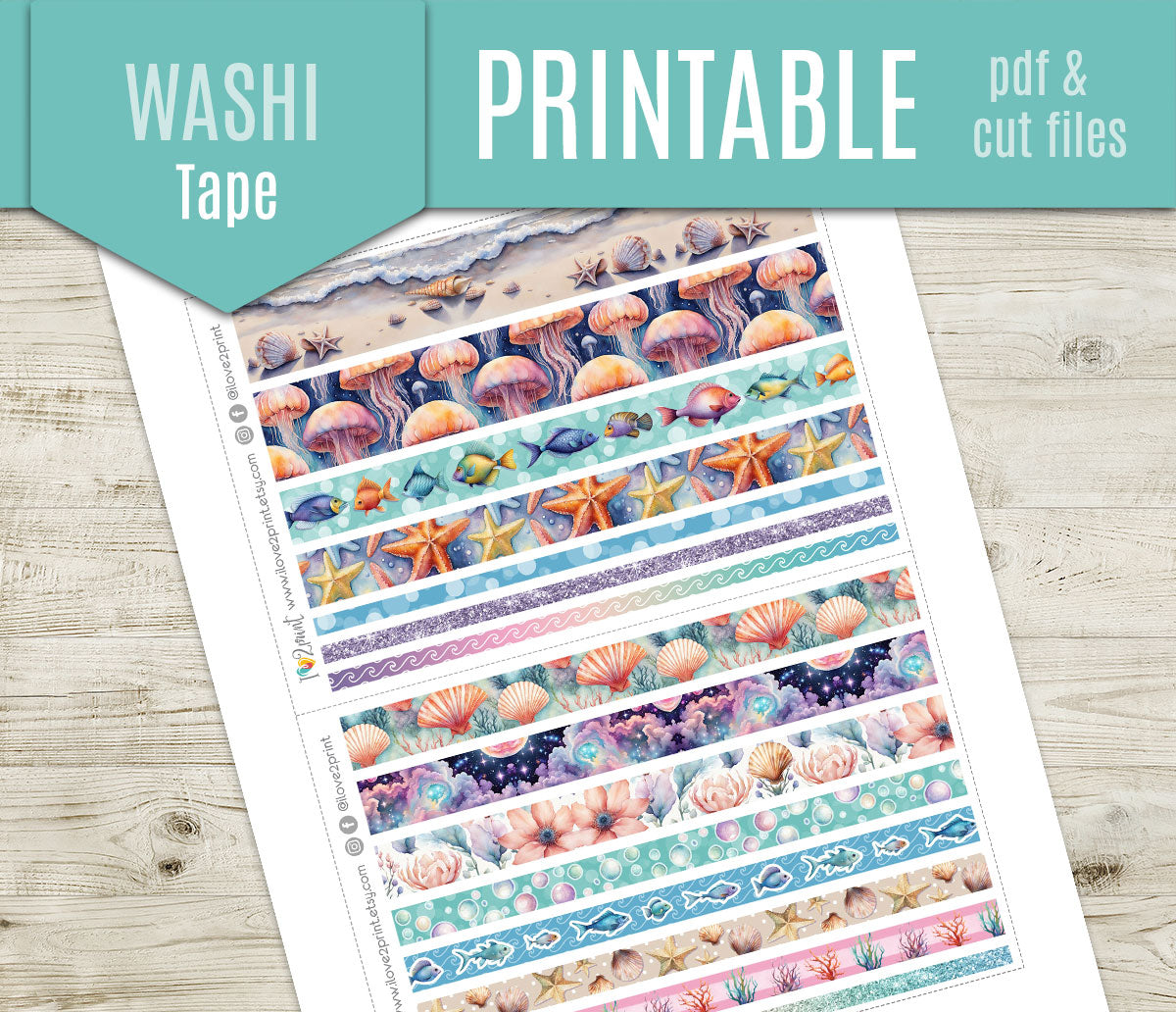 Under the Sea Washi Tape Printable Stickers | Purple Turquoise Mermaid Strips | PDF Cut Files