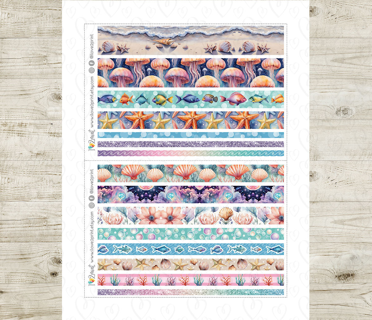 Under the Sea Washi Tape Printable Stickers | Purple Turquoise Mermaid Strips | PDF Cut Files