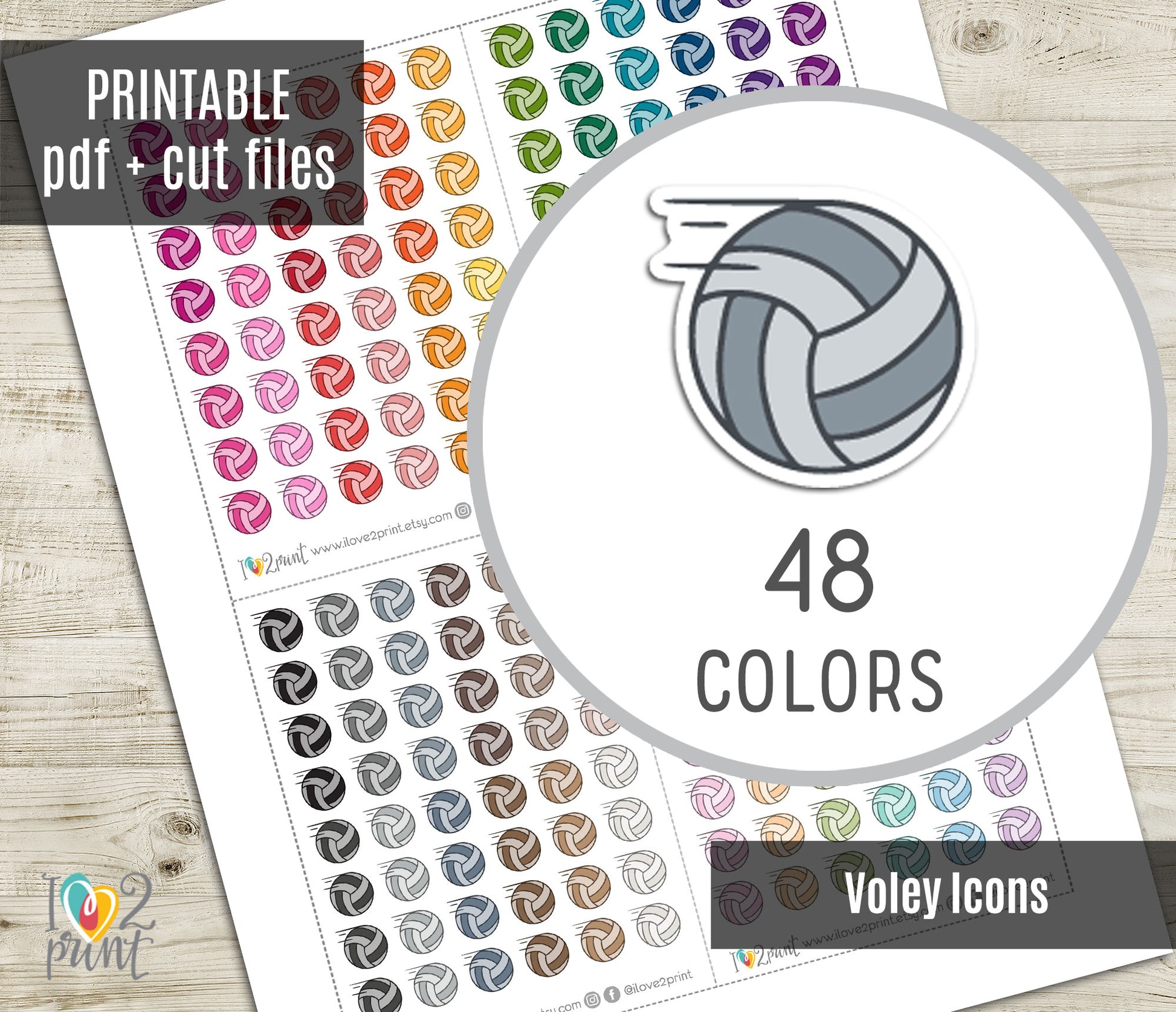 Volleyball icon stickers with 48 color options on a wooden surface