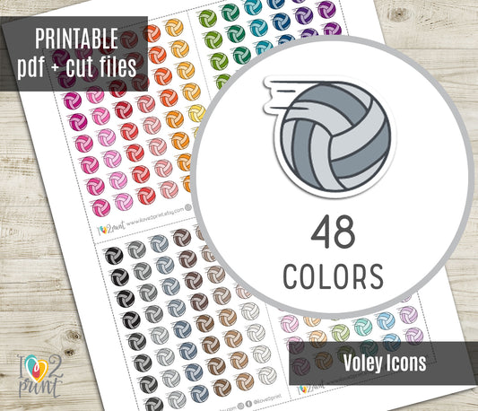 Volleyball icon stickers with 48 color options on a wooden surface