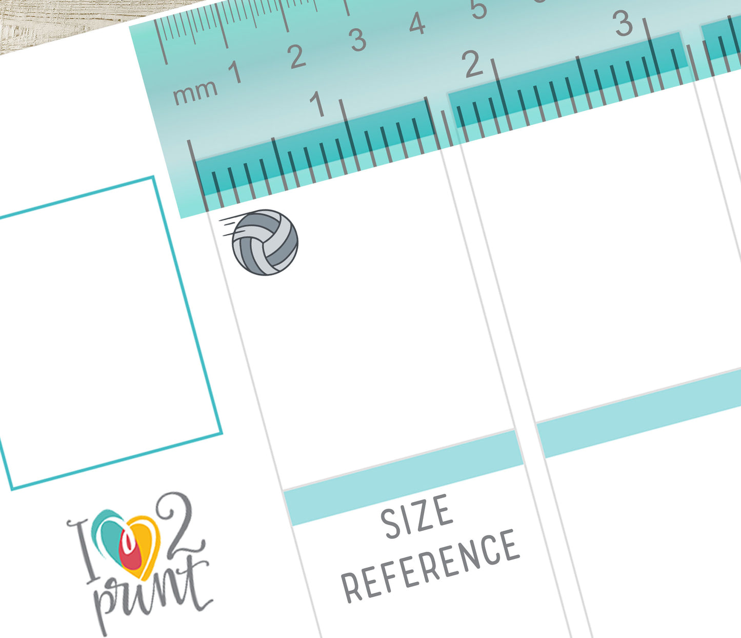 Sheet of vertical planner sheet with a volleyball illustration and ruler for size reference