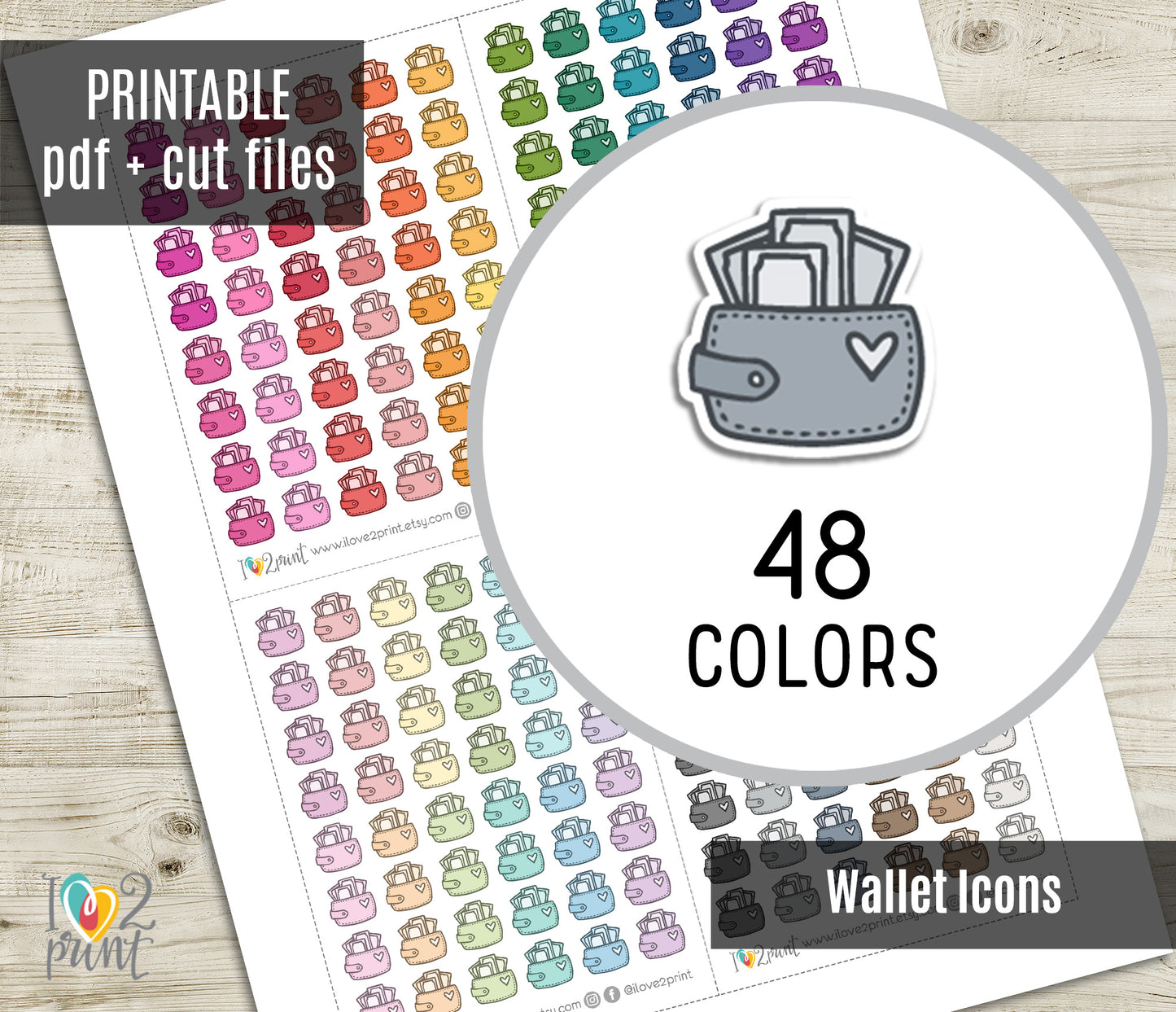 Wallet Mini Icons – Functional Printable Stickers in 48 Colors – PDF & Cut Files