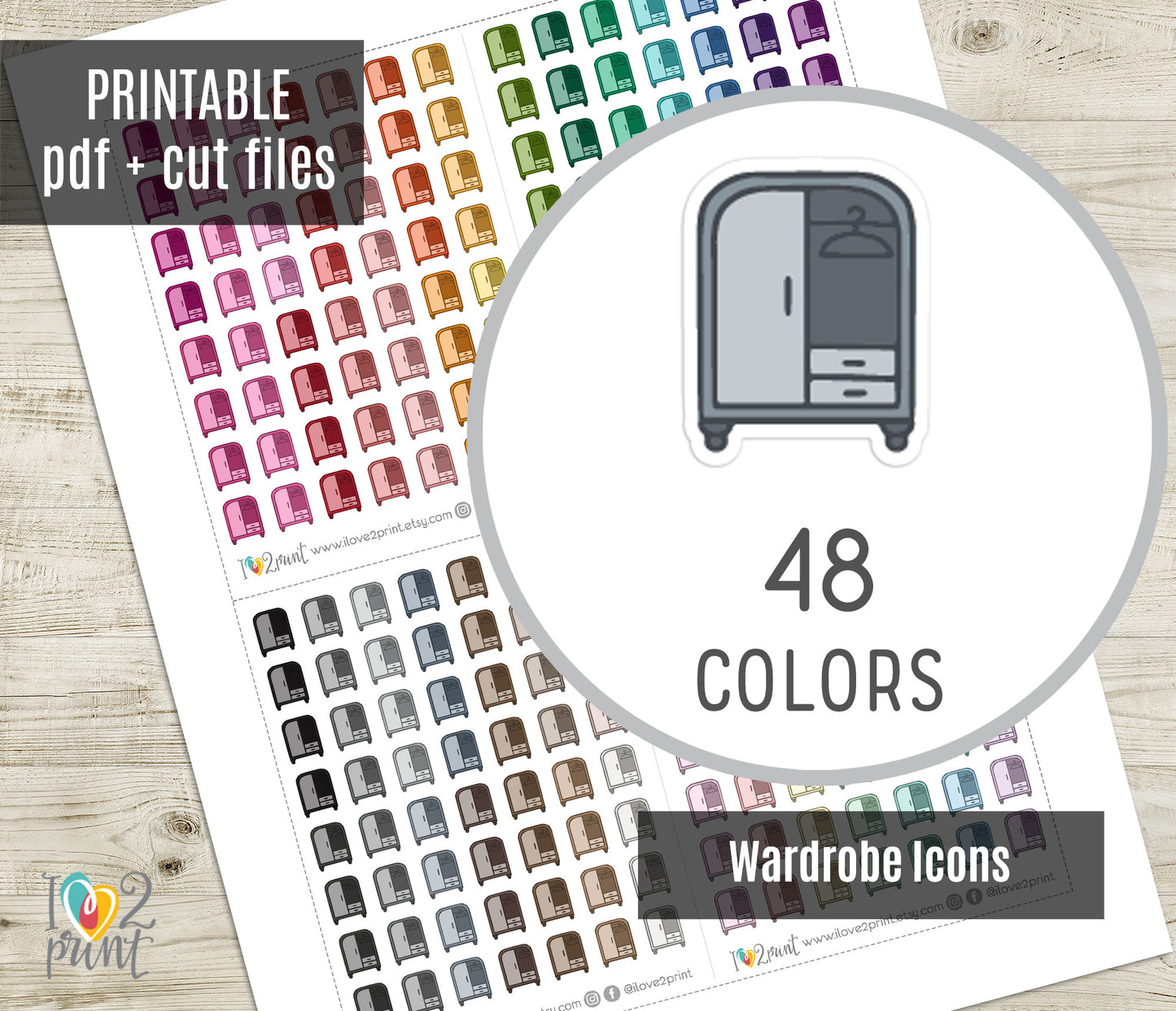 Sheet of wardrobe icons stickers with 48 colors on a wooden surface
