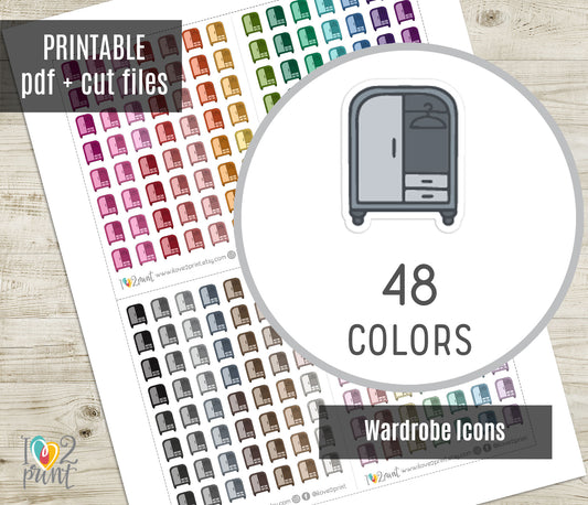 Sheet of wardrobe icons stickers with 48 colors on a wooden surface