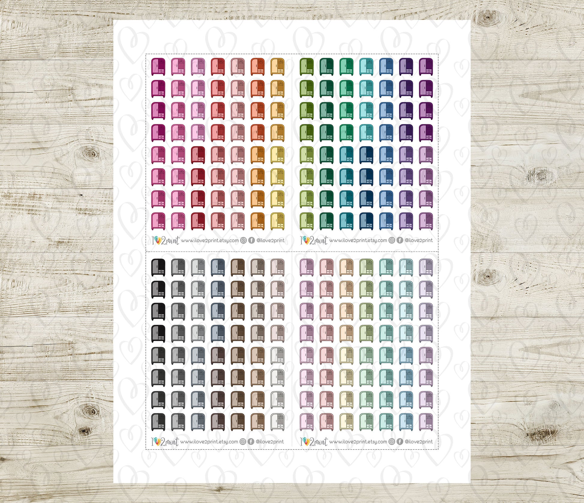 Color wardrobe sticker icons on a wooden surface