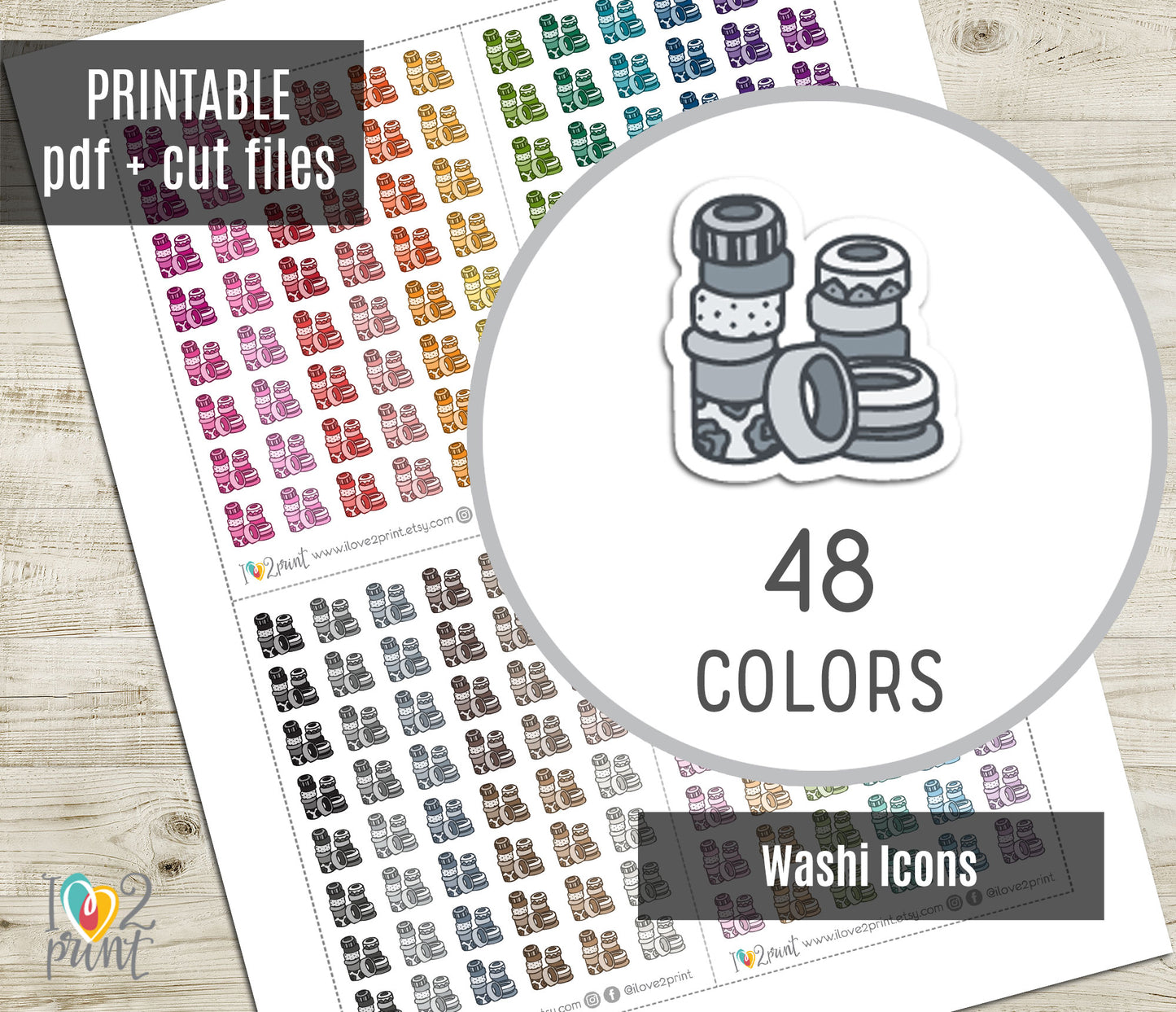 Sheet of colorful washi pile icons stickers with cut files and a circular inset showing 48 colors.
