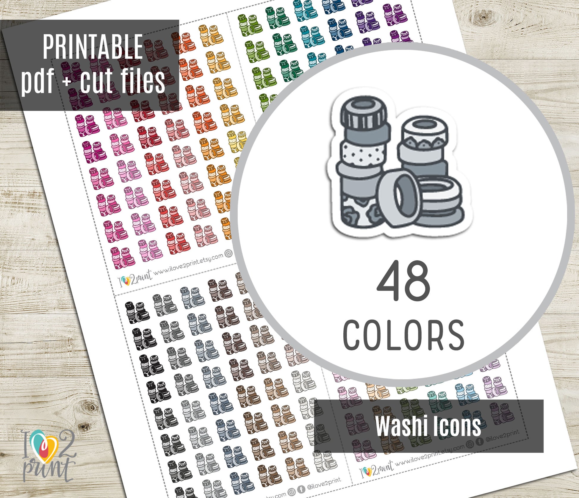 Sheet of colorful washi pile icons stickers with cut files and a circular inset showing 48 colors.