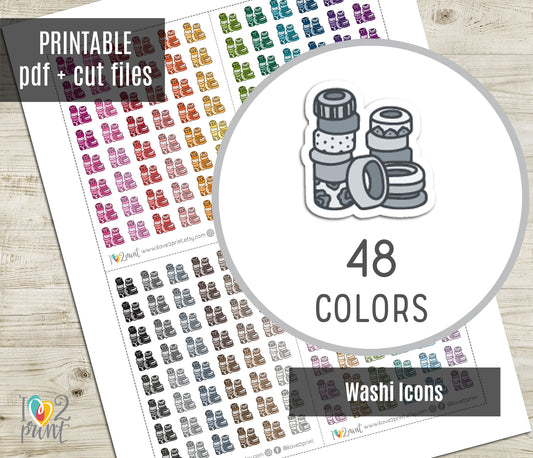 Sheet of colorful washi pile icons stickers with cut files and a circular inset showing 48 colors.