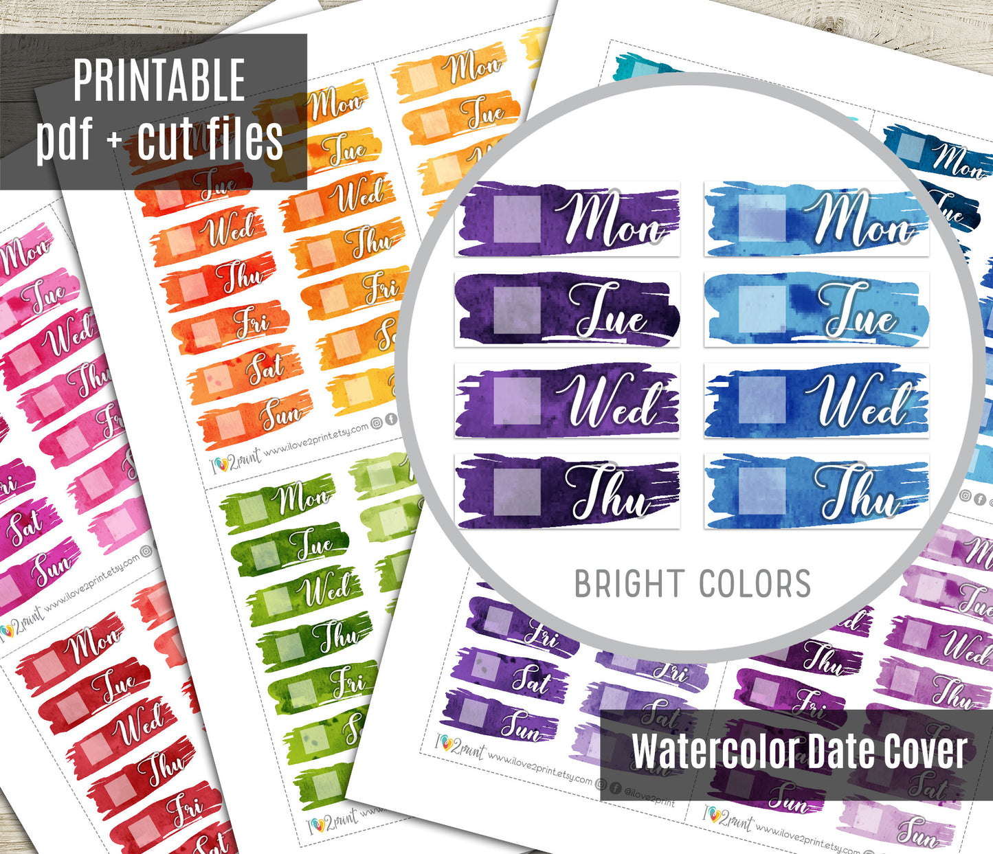 Watercolor Brush Week Days Bright Printable Stickers | Bold Covers | PDF Cut Files