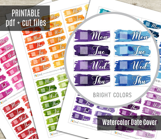 Watercolor Brush Week Days Bright Printable Stickers | Bold Covers | PDF Cut Files