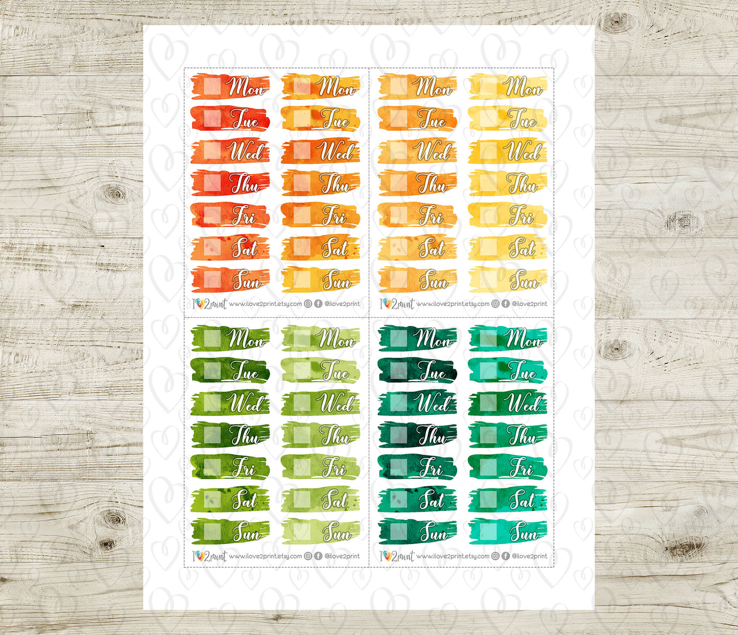 Watercolor Brush Week Days Bright Printable Stickers | Bold Covers | PDF Cut Files