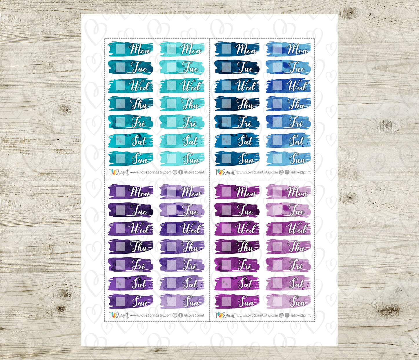 Watercolor Brush Week Days Bright Printable Stickers | Bold Covers | PDF Cut Files