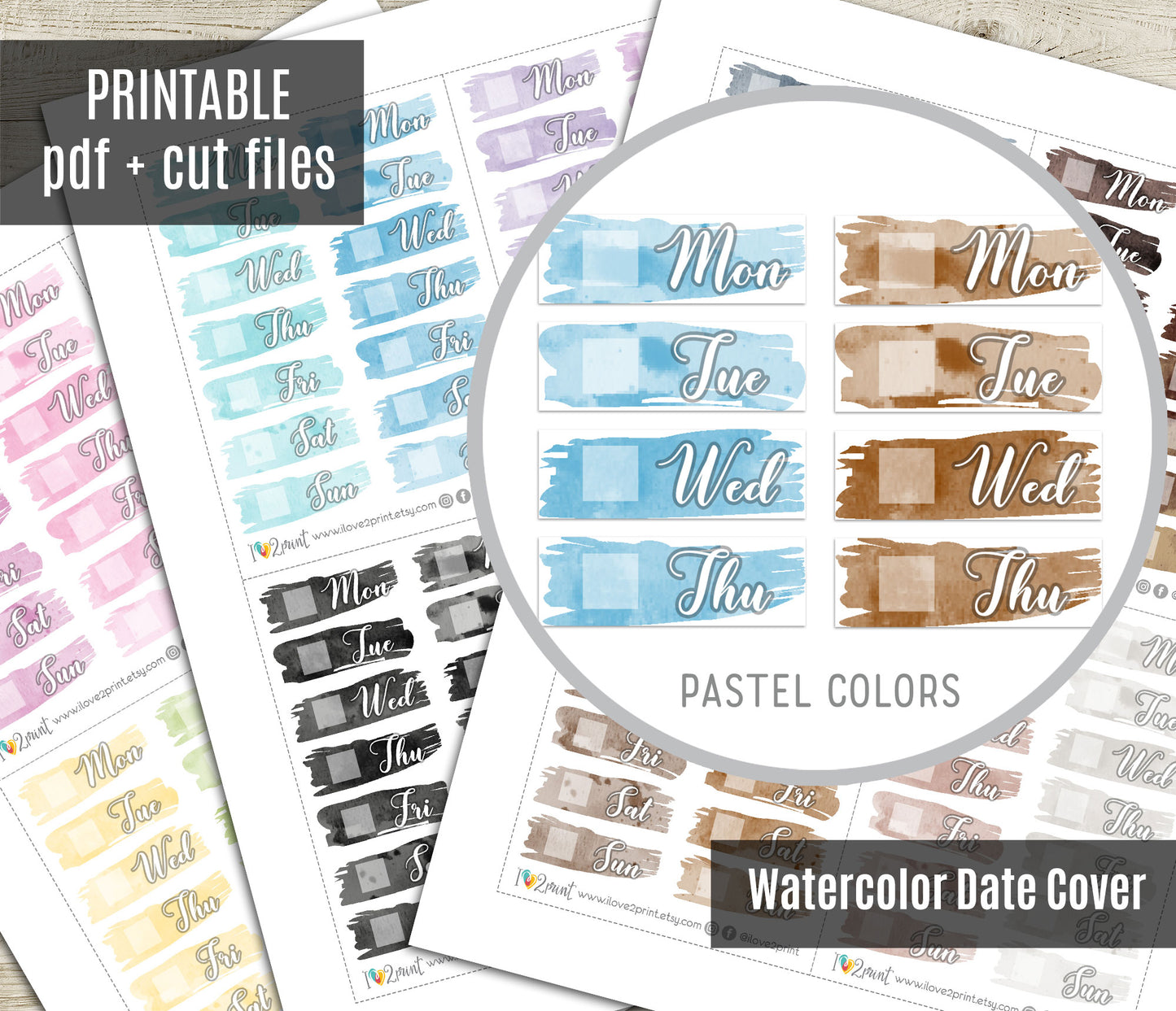 Watercolor Brush Week Days Pastel Printable Stickers | Soft Covers | PDF Cut Files