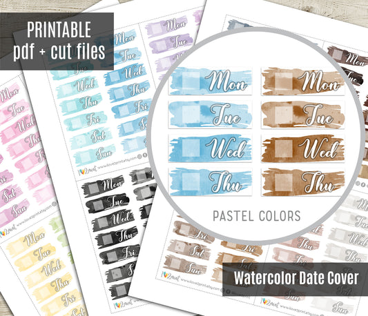 Watercolor Brush Week Days Pastel Printable Stickers | Soft Covers | PDF Cut Files