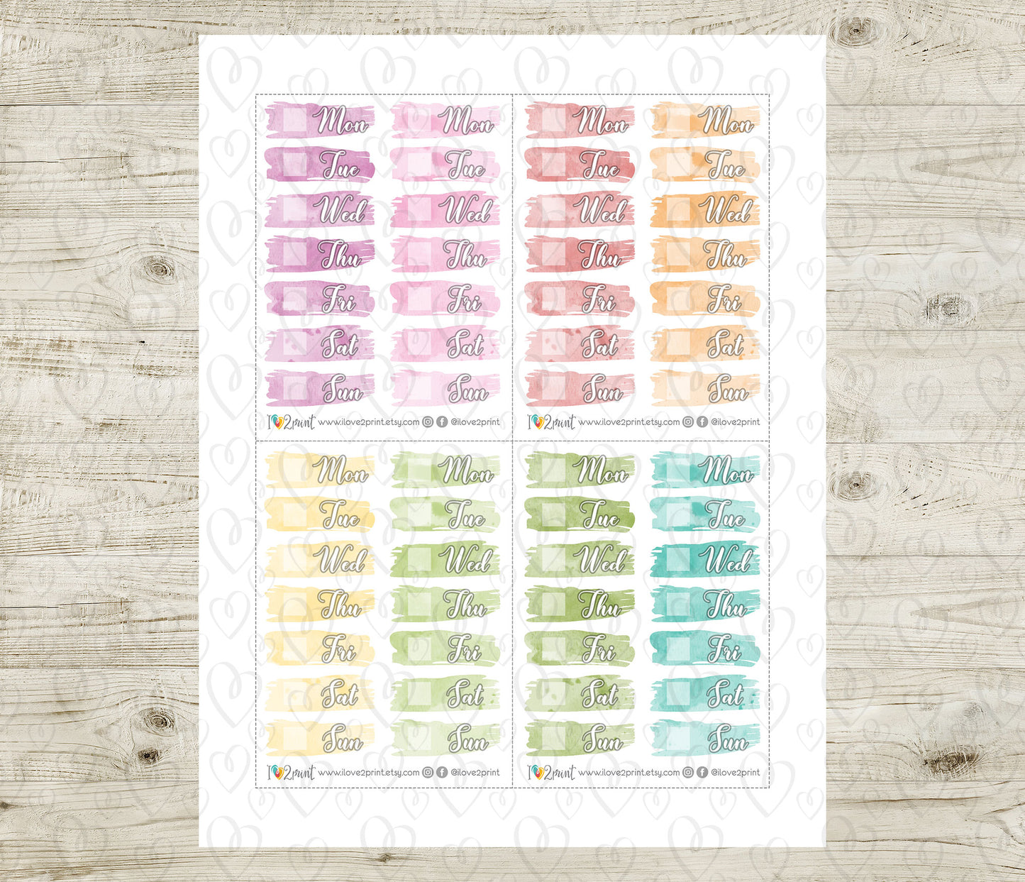 Watercolor Brush Week Days Pastel Printable Stickers | Soft Covers | PDF Cut Files