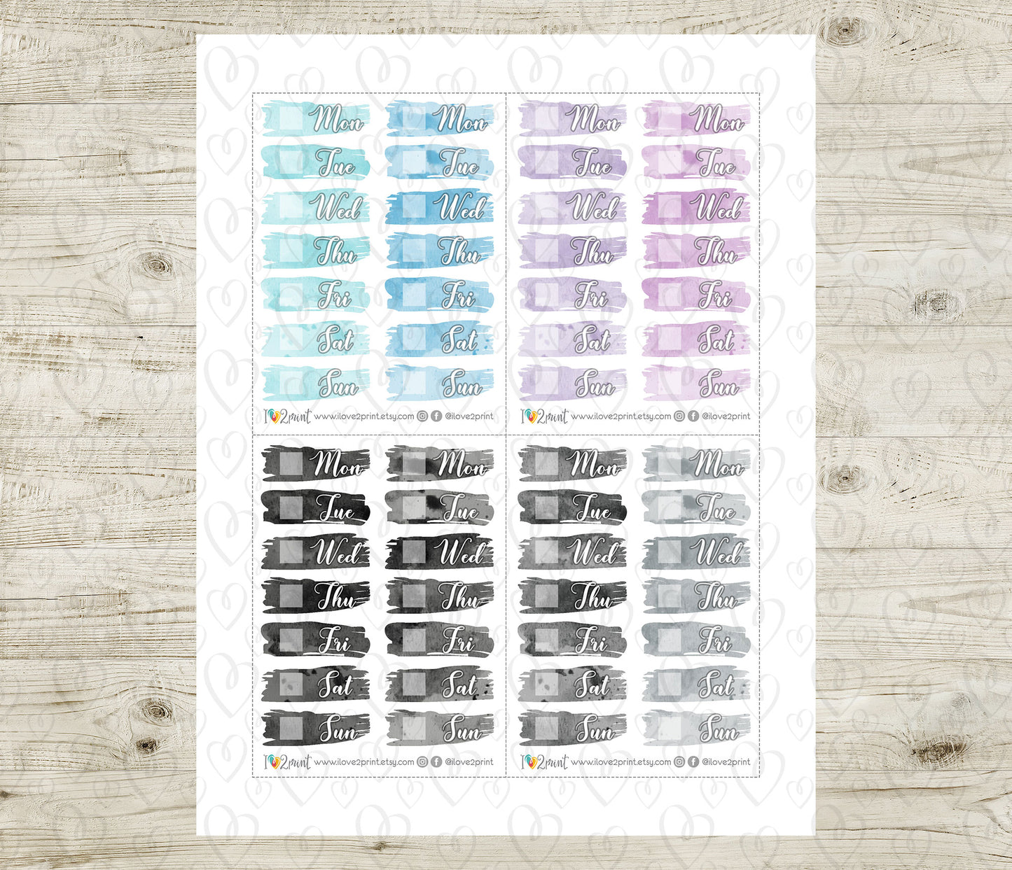 Watercolor Brush Week Days Pastel Printable Stickers | Soft Covers | PDF Cut Files