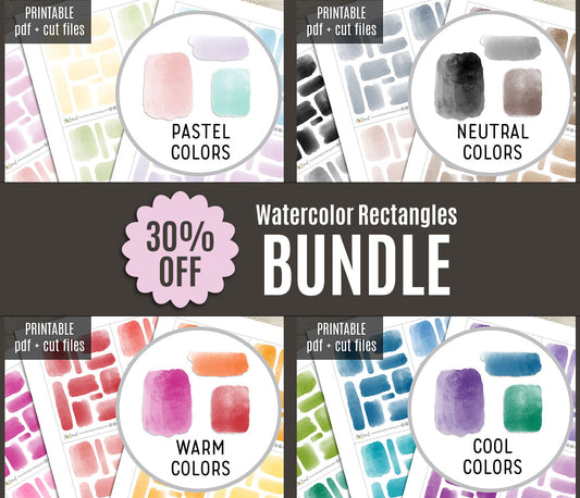 Watercolor Rectangles Printable Stickers Set – BUNDLE Functional & Decorative Overlays – PDF + Cut Files