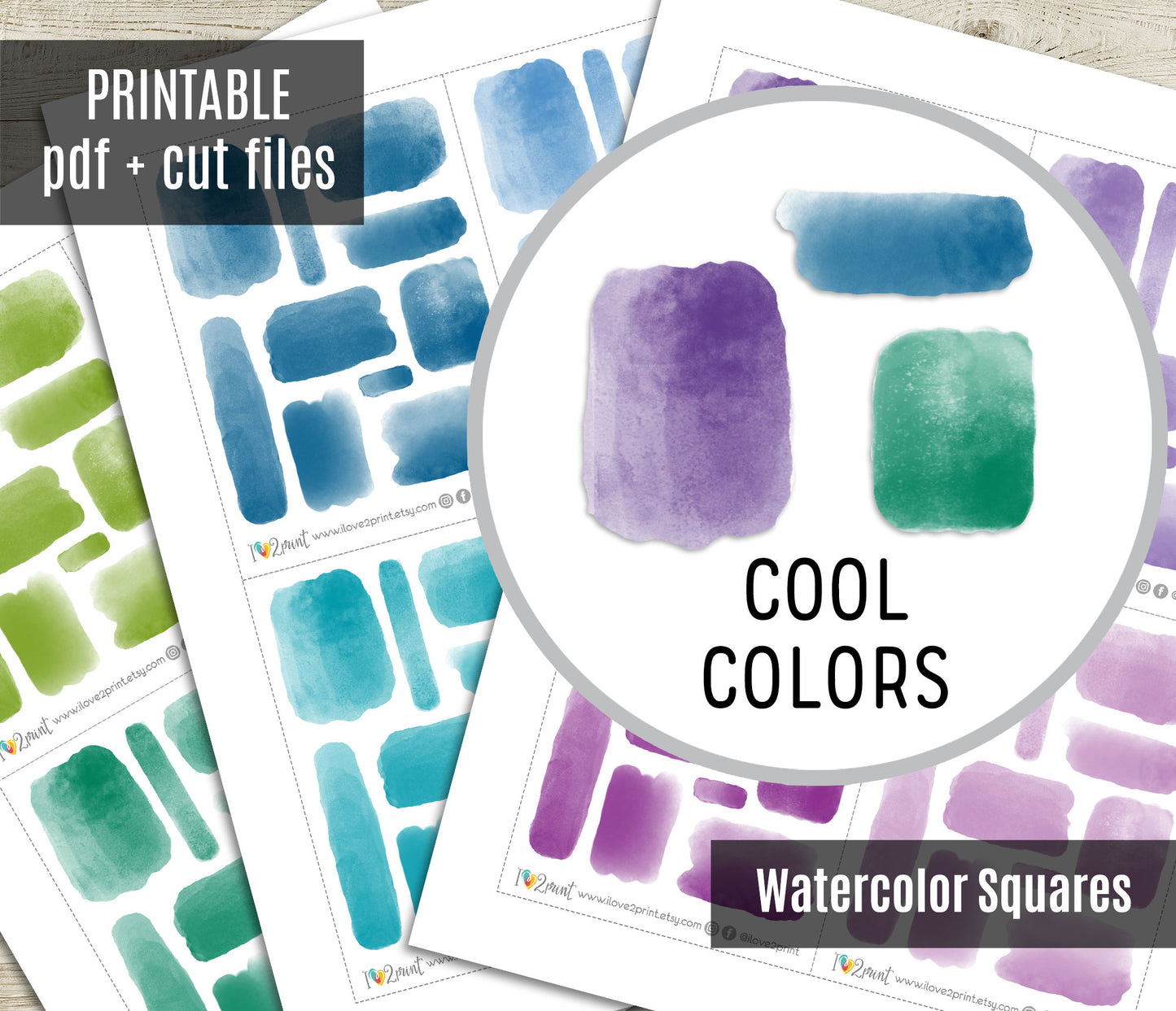Watercolor Rectangles Printable Stickers Set – BUNDLE Functional & Decorative Overlays – PDF + Cut Files