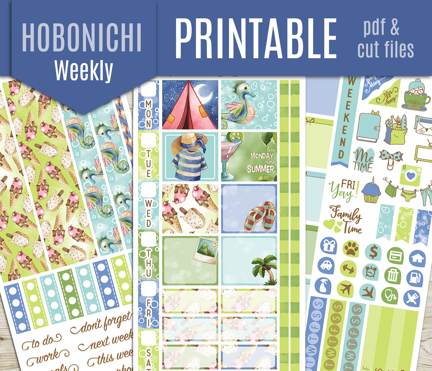 Watercolor Summer Hobonichi Weeks Stickers | Hand Painted Sea Slim Fit | PDF Cut Files