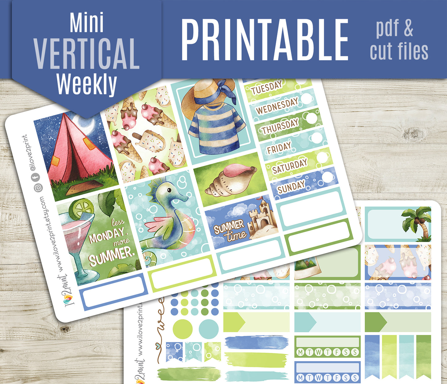 Watercolor Summer Vertical Layout Stickers | Hand Painted Sea Column | PDF Cut Files