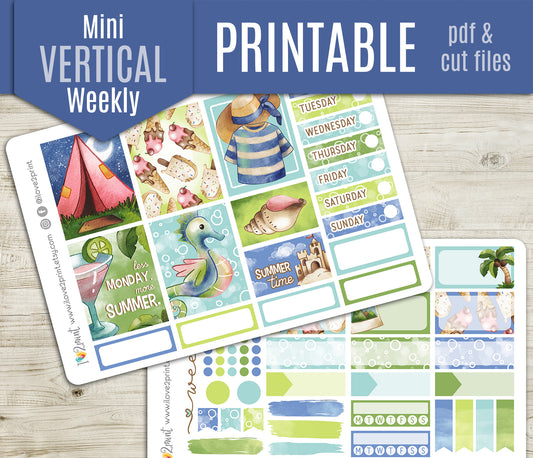 Watercolor Summer Vertical Layout Stickers | Hand Painted Sea Column | PDF Cut Files