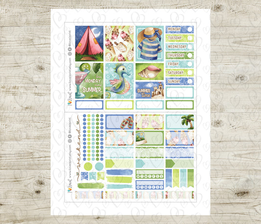 Watercolor Summer Vertical Layout Stickers | Hand Painted Sea Column | PDF Cut Files