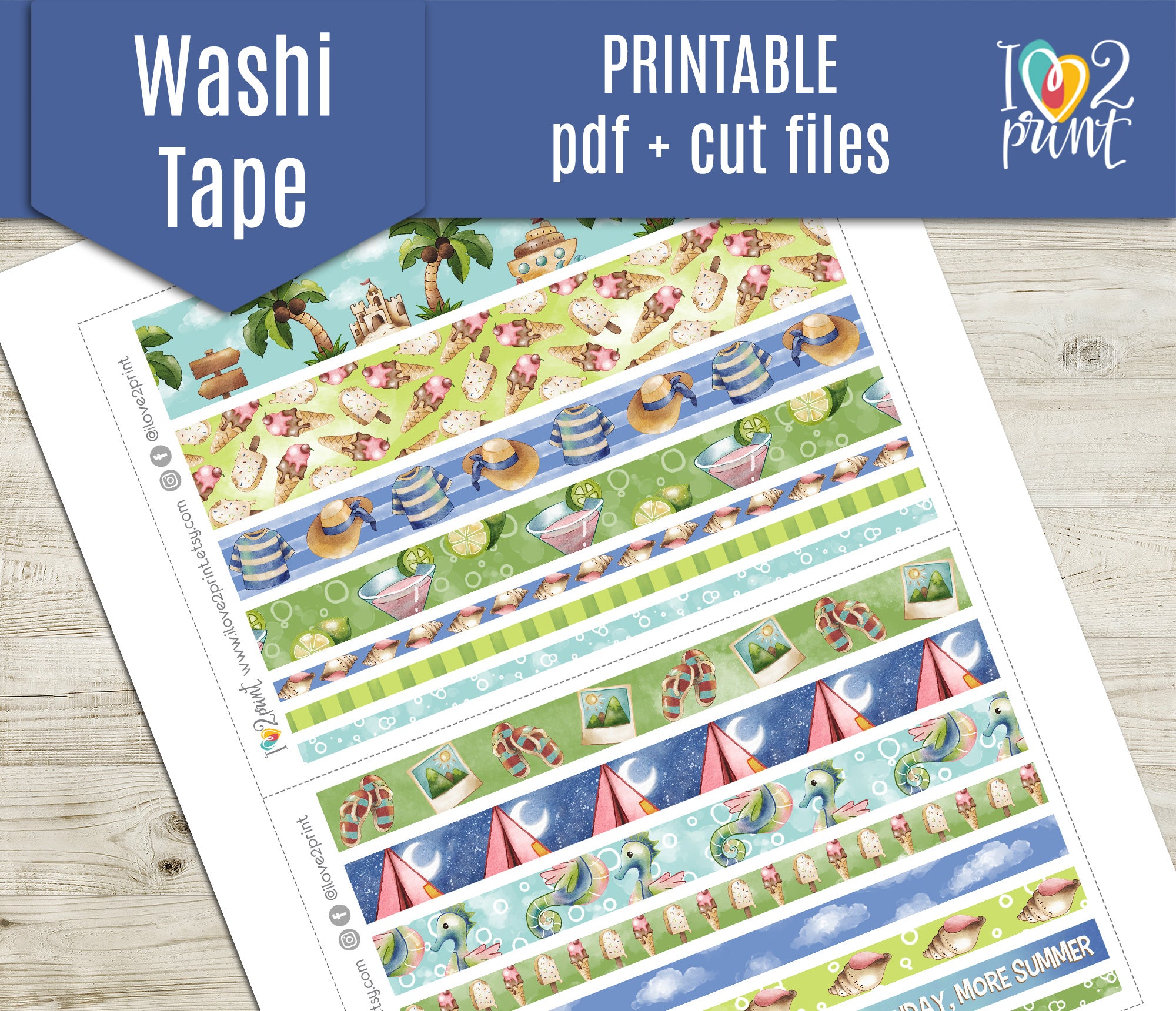 Watercolor Summer Washi Tape Stickers | Hand Painted Sea Strips | PDF ...