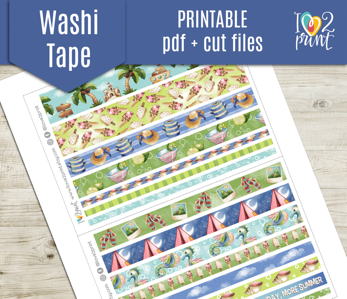 Watercolor Summer Washi Tape Stickers | Hand Painted Sea Strips | PDF Cut Files