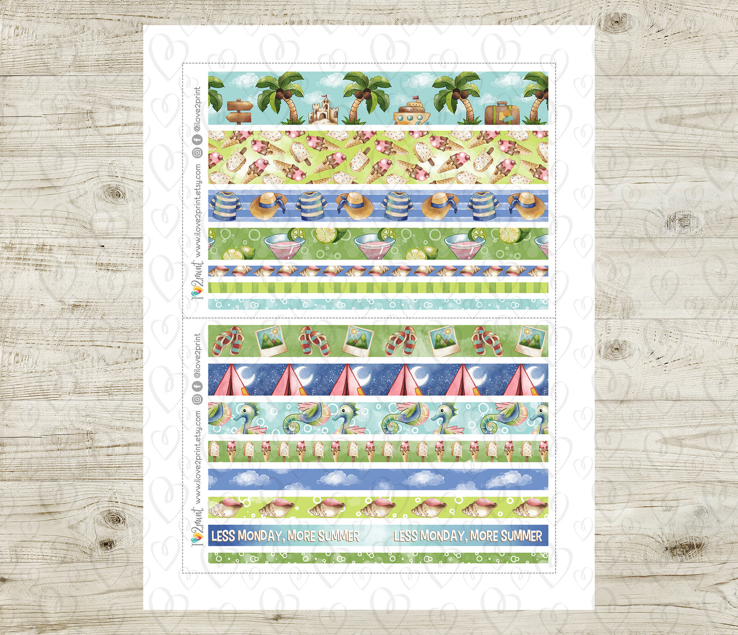 Watercolor Summer Washi Tape Stickers | Hand Painted Sea Strips | PDF Cut Files