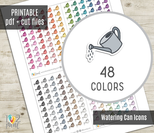 Watering Can Mini Icon Printable Planner Stickers | 48 Colors | PDF Cut Files