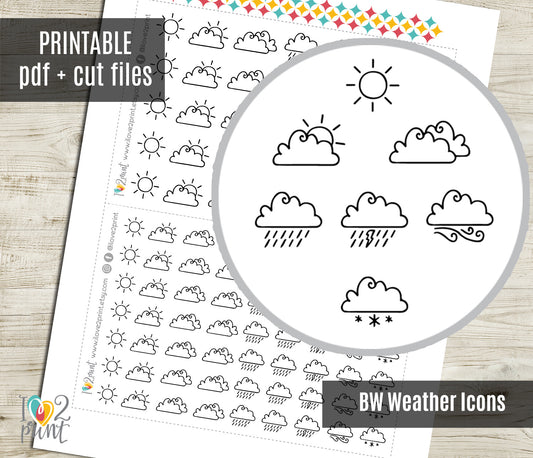 Minimal Mixed B&W Weather Icons Stickers - Functional Printable Stickers - Instant Download